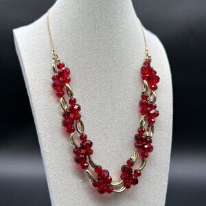 Vintage Necklace Gold Tone with Red Faceted Beads